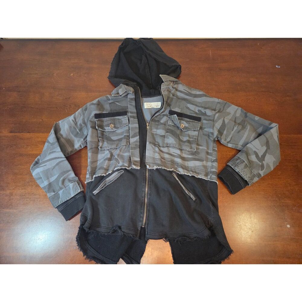 Vintage Havana Layered Camo Black Hooded Jacket Full Zip Size Large
